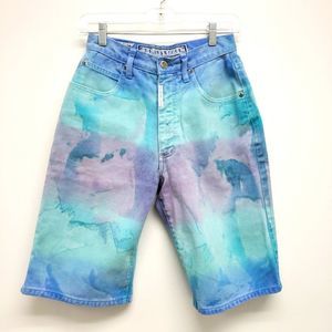Vintage Z. Cavaricci Watercolor Painted High Waisted Denim Shorts Y2K Size 28